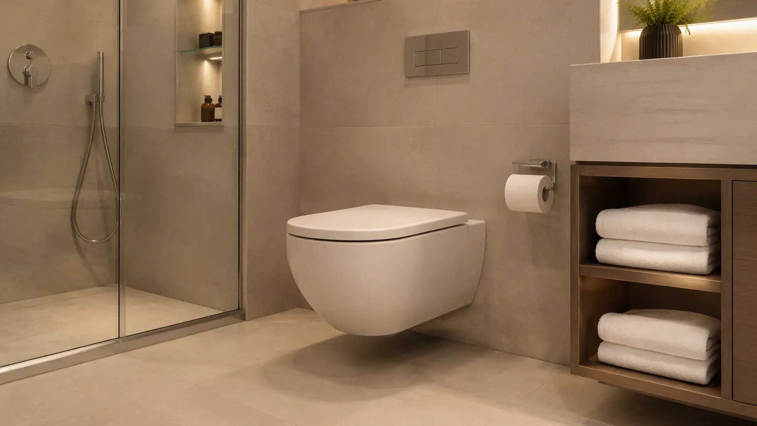 Hotel guest bathroom with a wall hung toilet and clear floor space beneath the pan