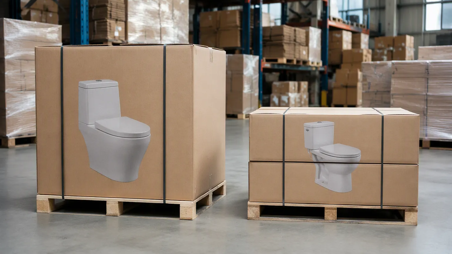 Tall one piece toilet carton beside stacked two piece toilet cartons in a warehouse