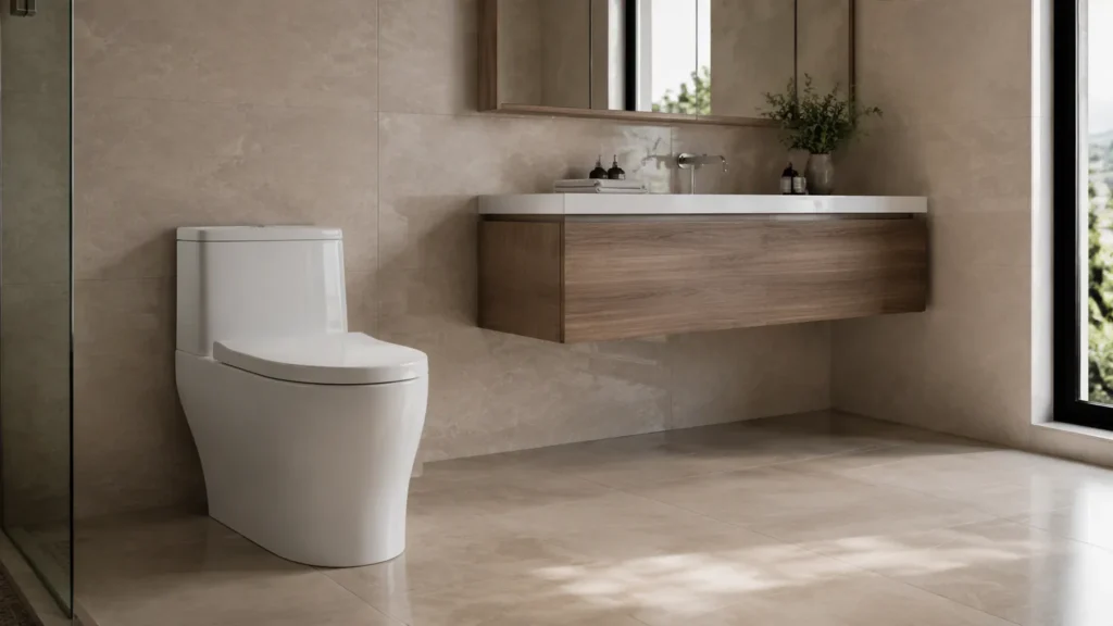 One piece toilet with a seamless skirted body in a modern hotel bathroom
