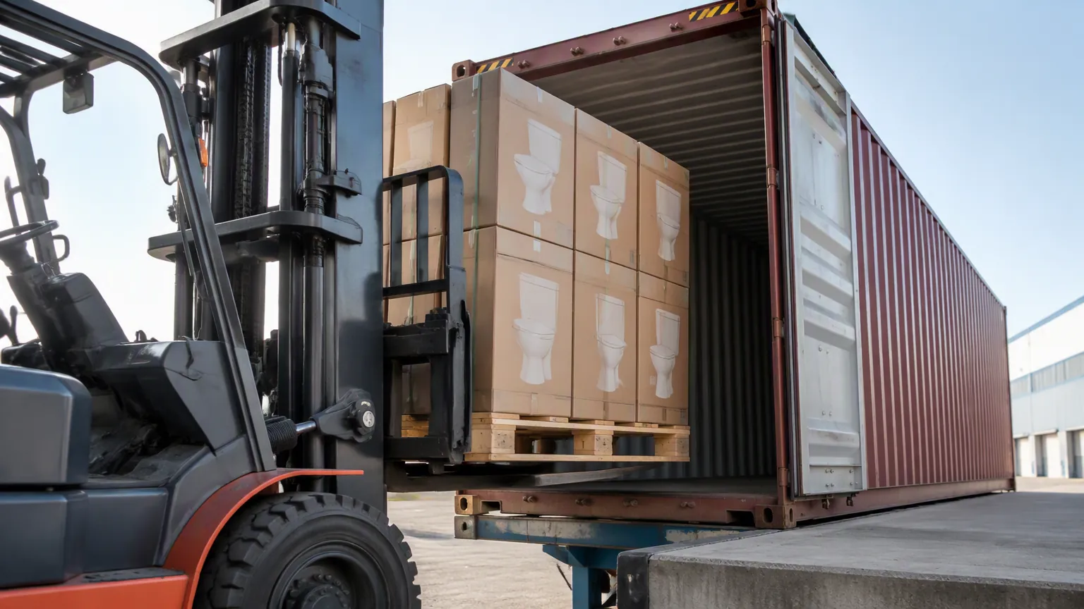 Forklift loading porcelain toilet cartons into a shipping container