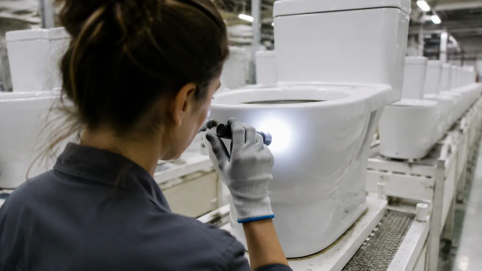 Quality inspector checking the glaze of a porcelain toilet