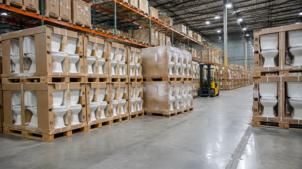 Porcelain toilets bulk pallets in export warehouse