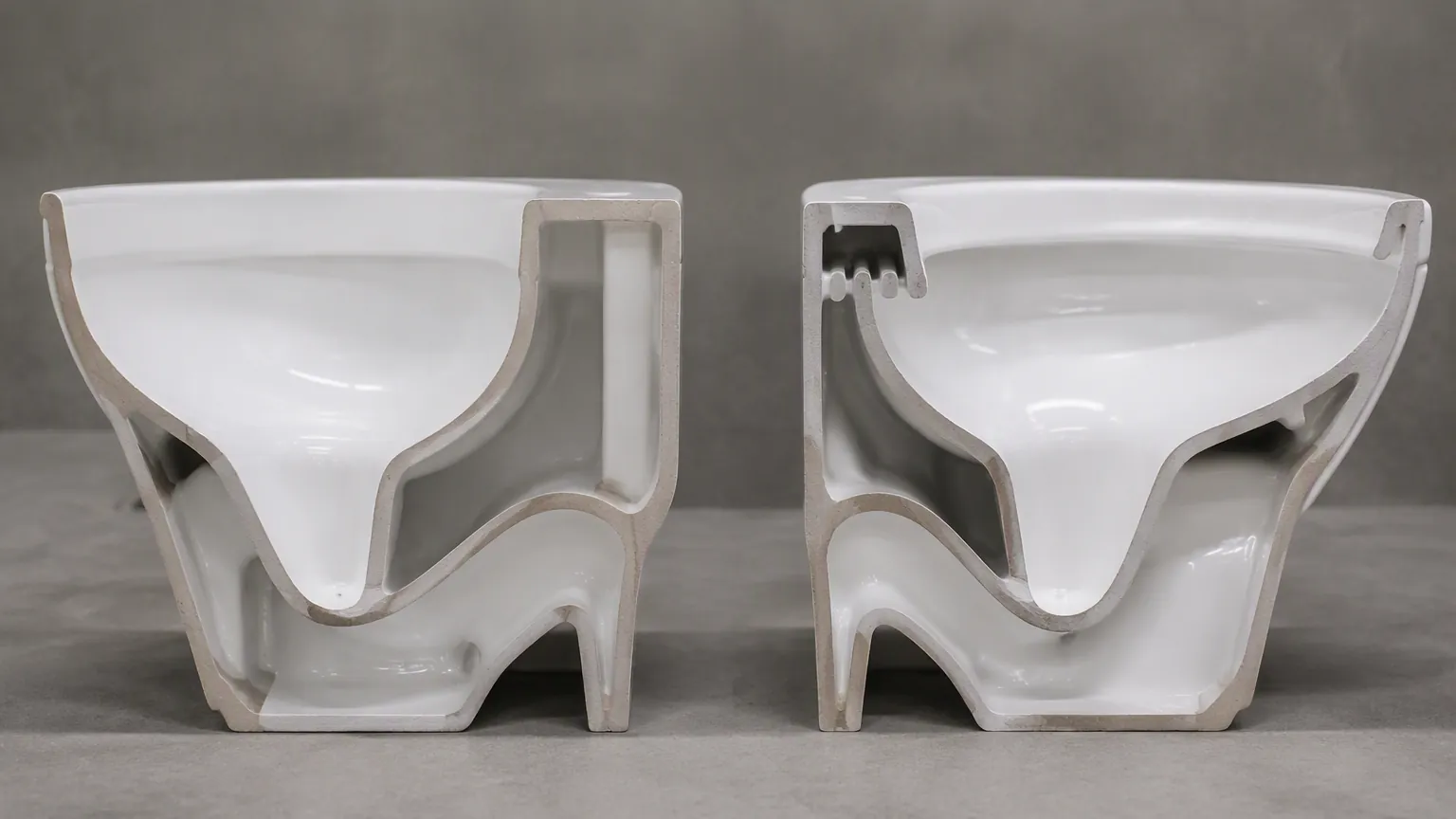 Cutaway comparison of a rimless toilet bowl and a box rim toilet bowl