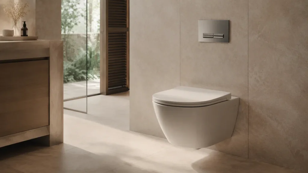 Rimless wall hung toilet with a flush plate in a hotel bathroom