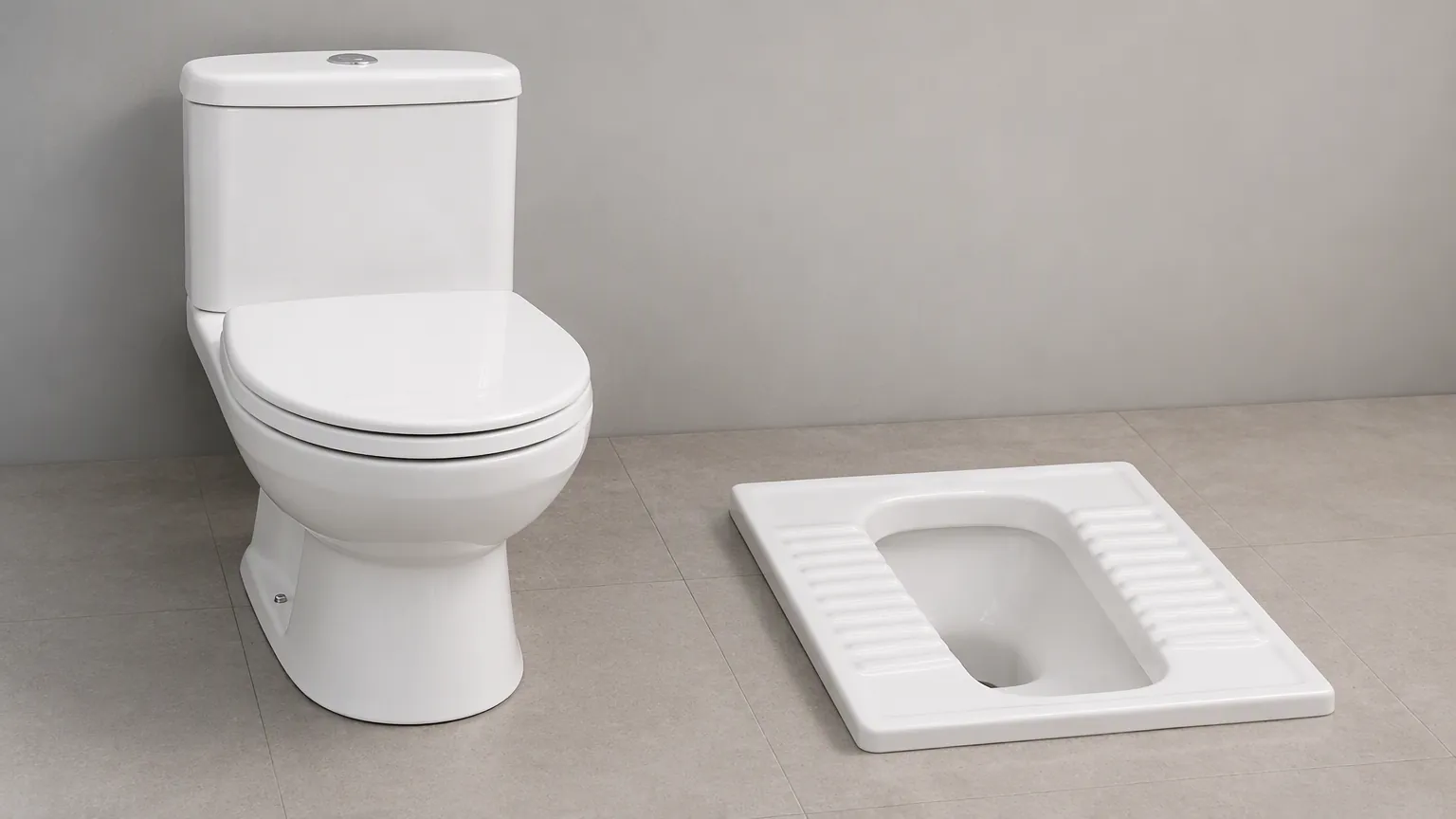 Eine Toilette mit weißem Sitz und eine weiße Keramik-Hocktoilette, nebeneinander ausgestellt