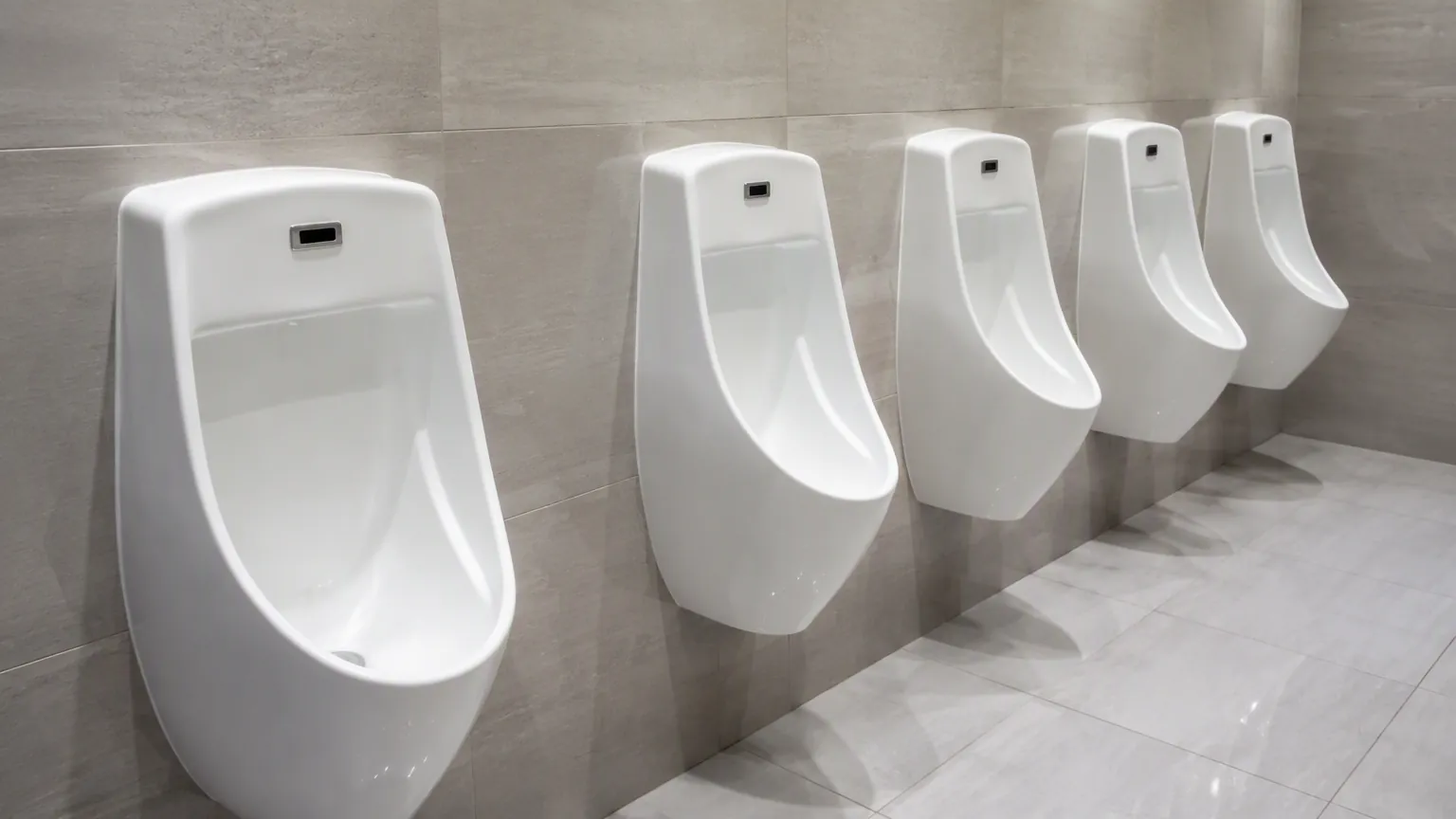 Automatic sensor urinal row in a modern commercial washroom