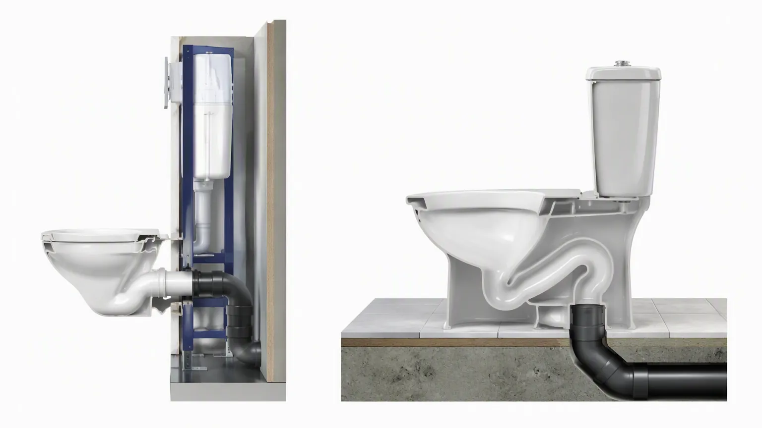 wall hung vs floor mounted toilet P-trap and S-trap drainage comparison