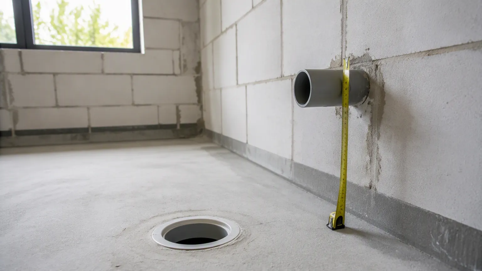 Wall outlet drain height measured with a tape measure on an unfinished bathroom wall