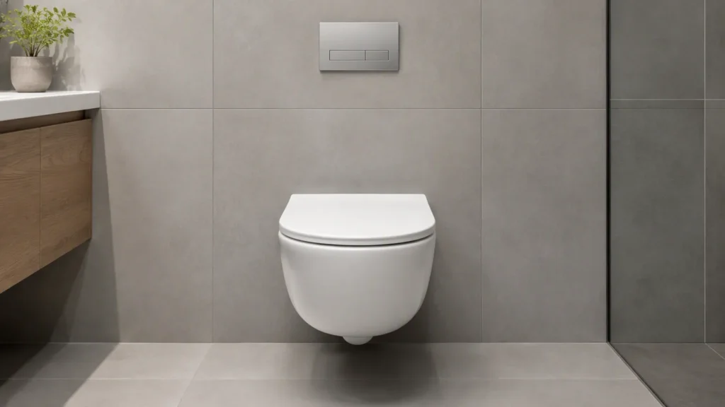 Wall hung toilet with a pneumatic flush plate in a modern bathroom
