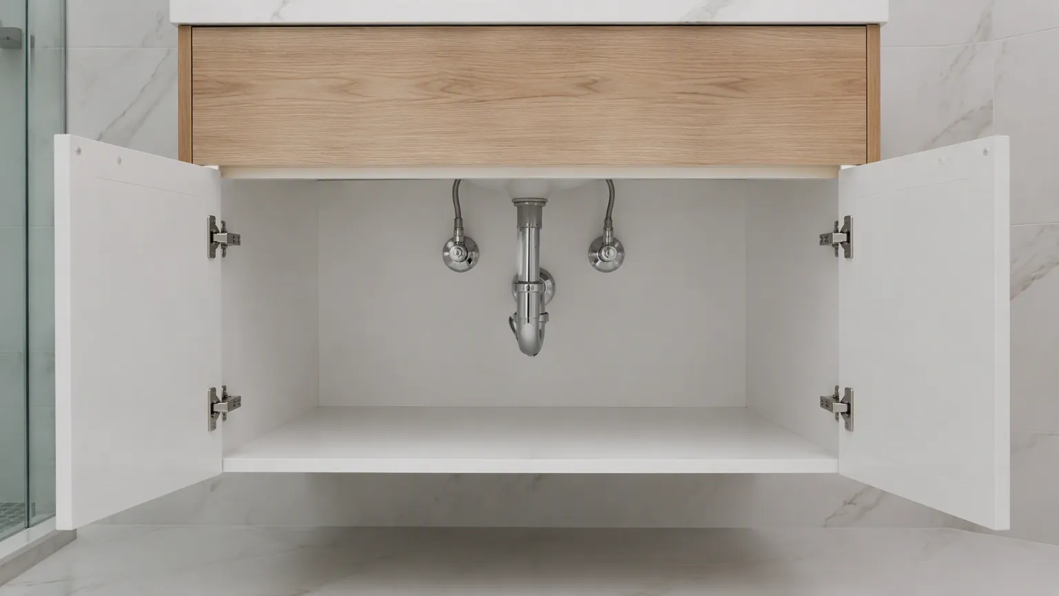 Concealed plumbing and angle stops inside a wall hung vanity cabinet