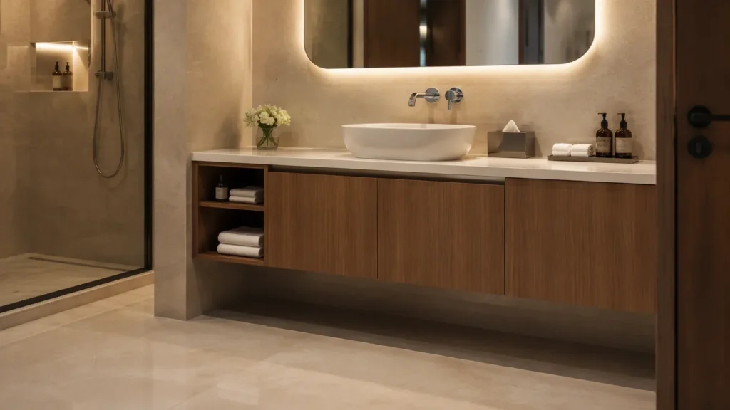 Wall hung vanity unit floating above the floor in a hotel bathroom