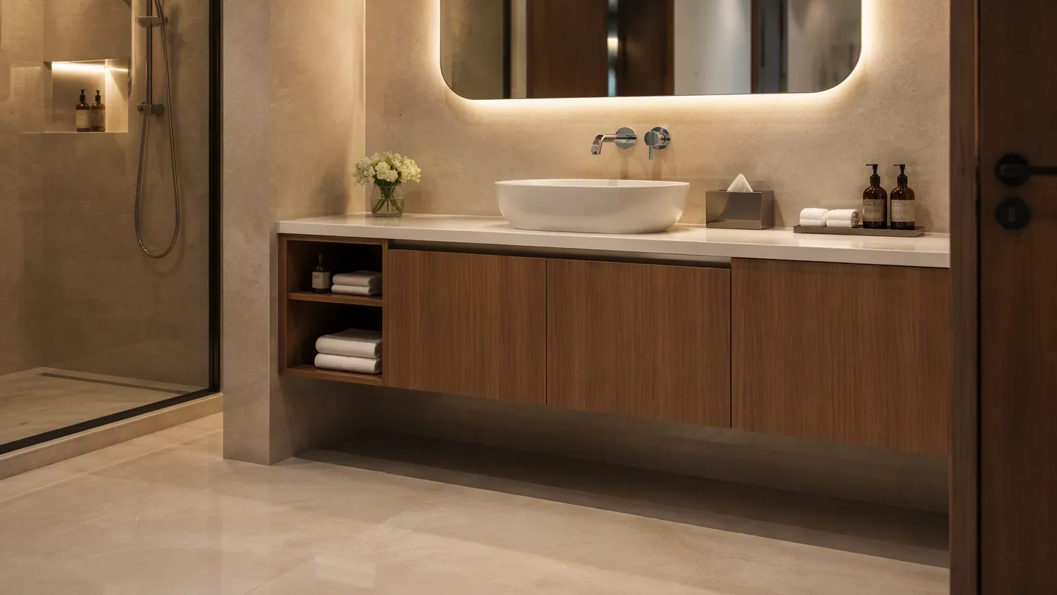 Wall hung vanity unit floating above the floor in a hotel bathroom