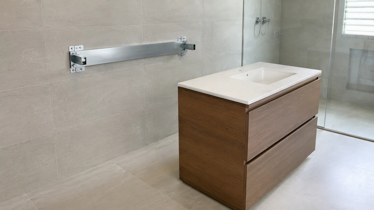 Steel mounting bracket fixed to a tiled wall for a wall hung vanity