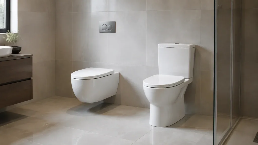 wall hung vs floor mounted toilet comparison in modern hotel bathroom