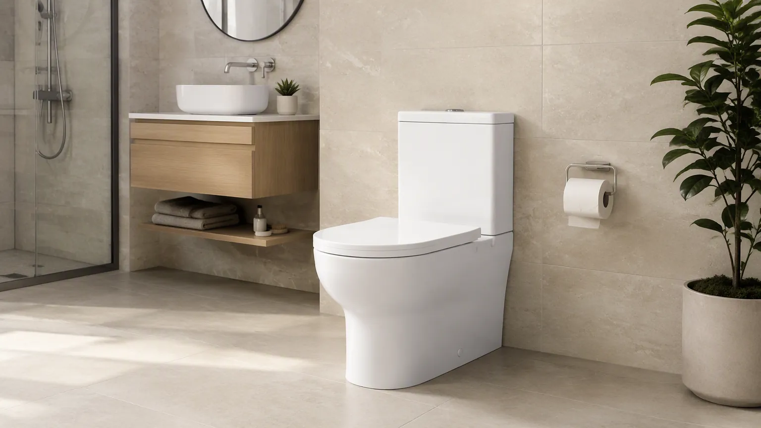 Weiße, bodenstehende Toilettenschüssel im westlichen Stil in einem modernen Badezimmer