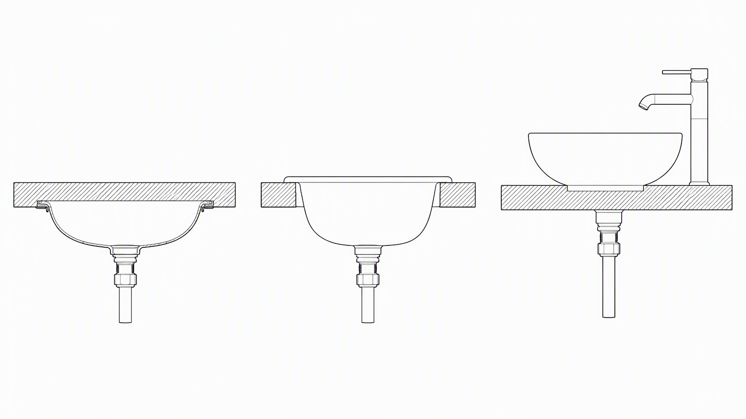 Cross-section comparison of undermount, drop-in and vessel basin mounting on a stone vanity top