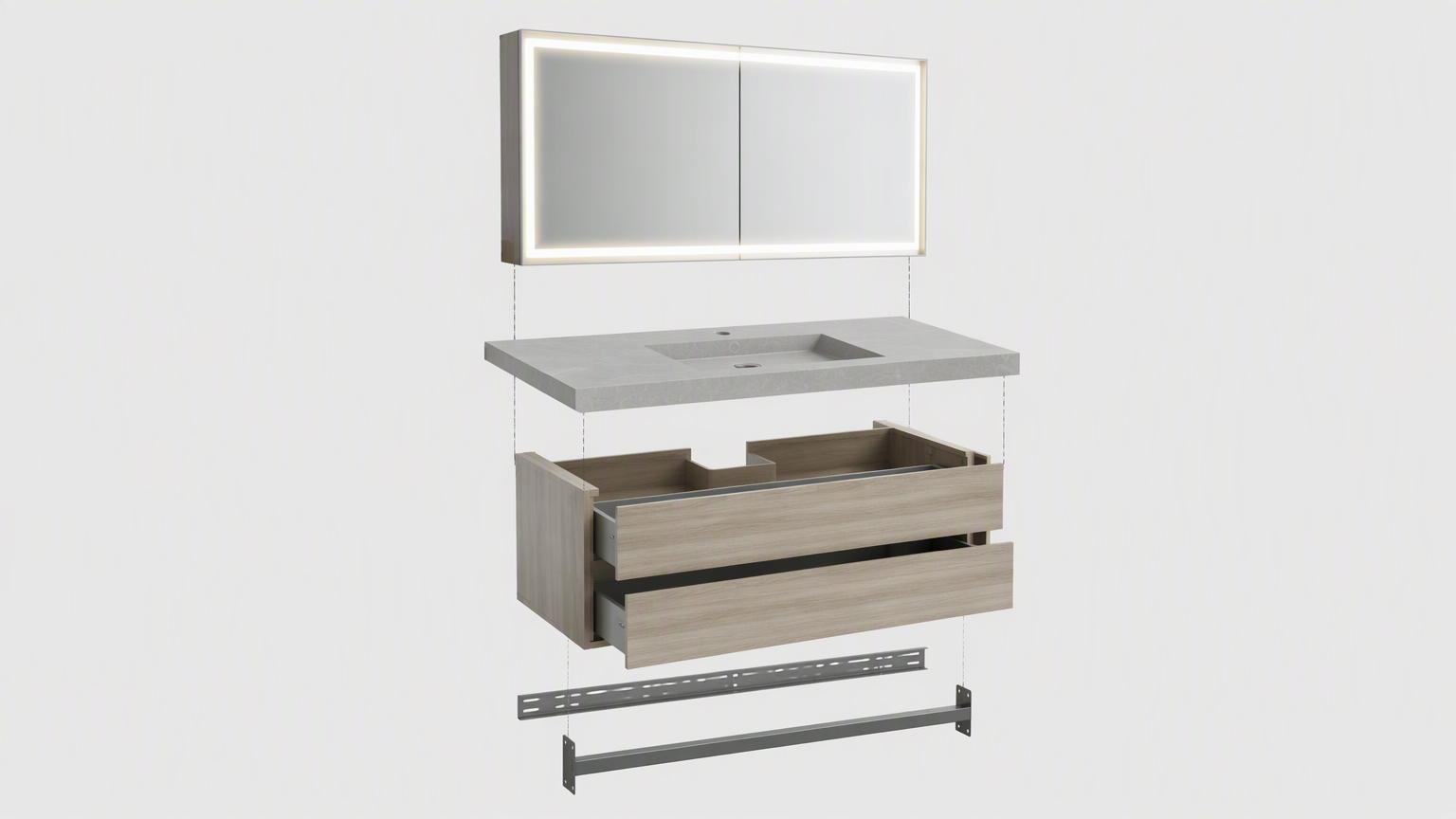 Exploded view of a wall mounted bathroom vanity showing carcass, sintered stone top, integrated basin, LED mirror cabinet and mounting bracket