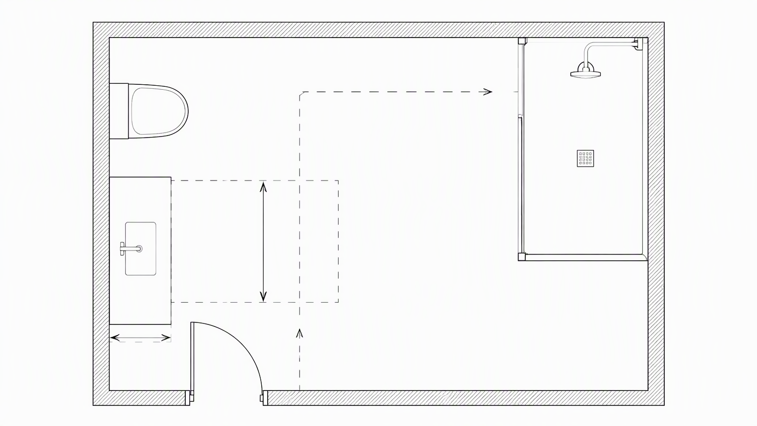 Hotel bathroom floor plan showing a wall hung vanity, its projection depth and required clearance zones