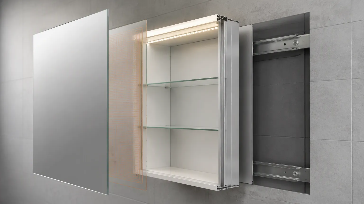 Cutaway view of a bathroom mirror cabinet showing the mirror glass, heated demister pad, LED strip and shelves