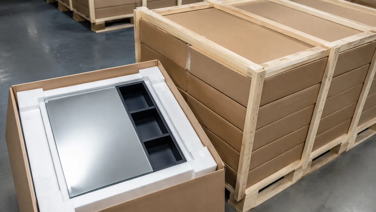 Bathroom mirror cabinet export packing with foam lining, corner protectors and a wooden crate pallet