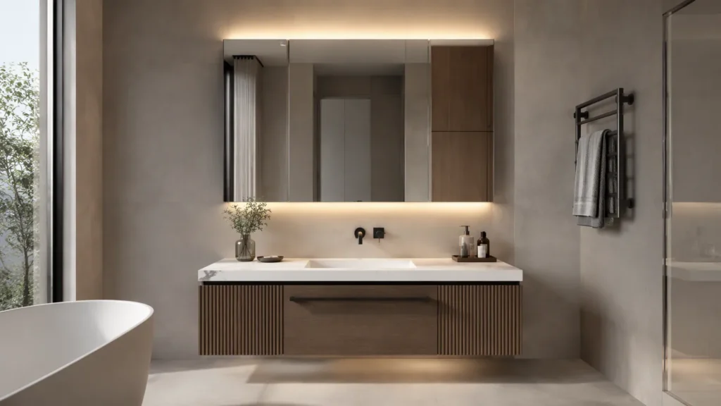 Beleuchteter LED-Badezimmerspiegelschrank, der über einem wandmontierten Waschtisch in einem modernen Hotelbadezimmer angebracht ist