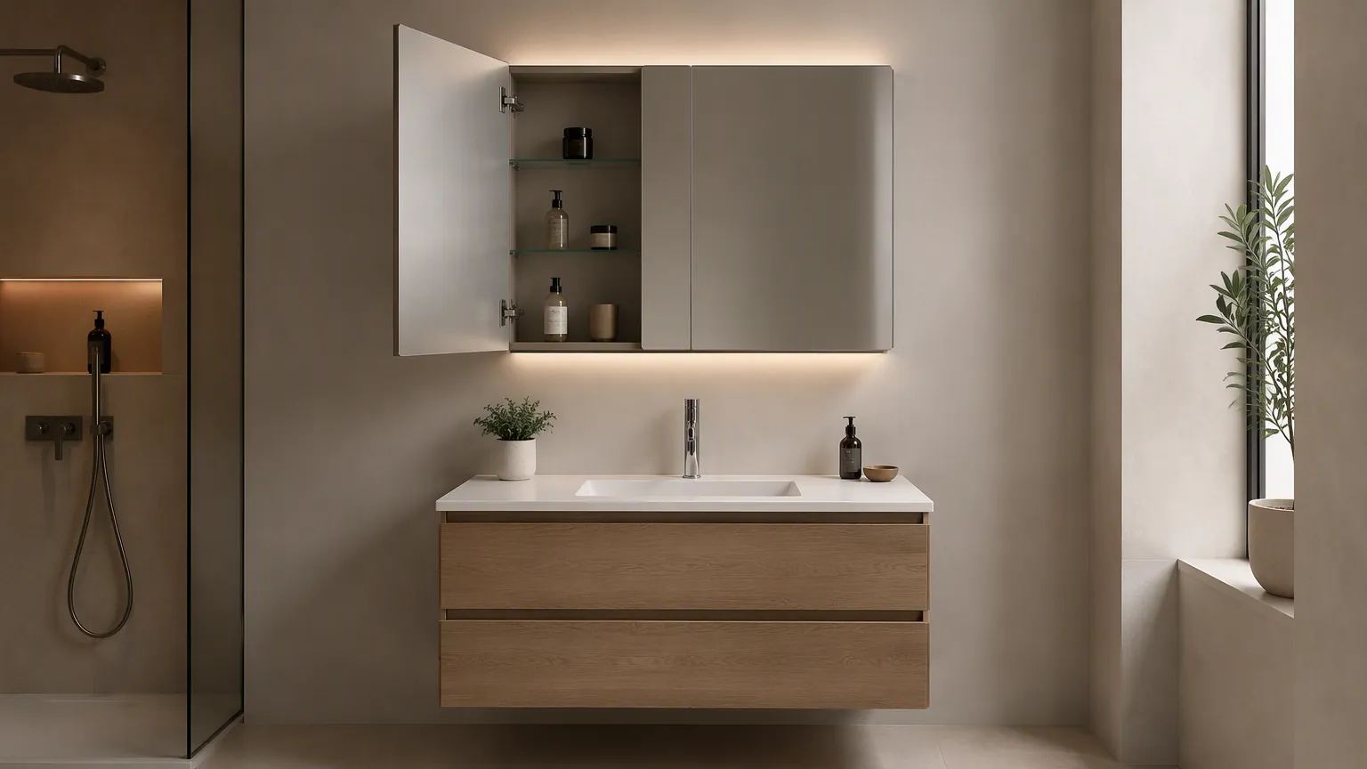 Proportion study of a bathroom mirror cabinet aligned above a wall mounted vanity with the door swing clearing the side wall