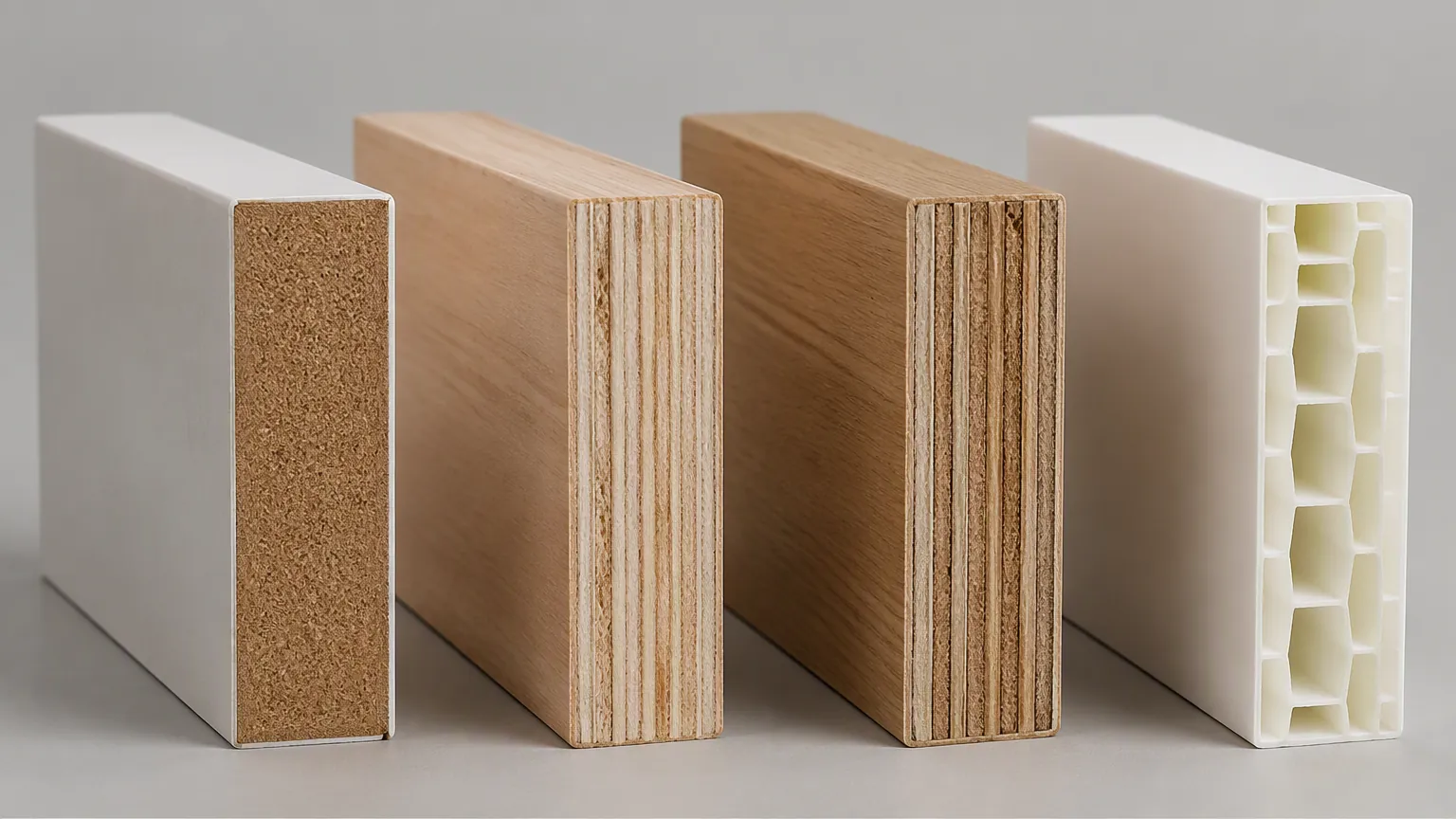 Cutaway sample blocks of four bathroom vanity carcass materials showing sealed edge banding and cut sections