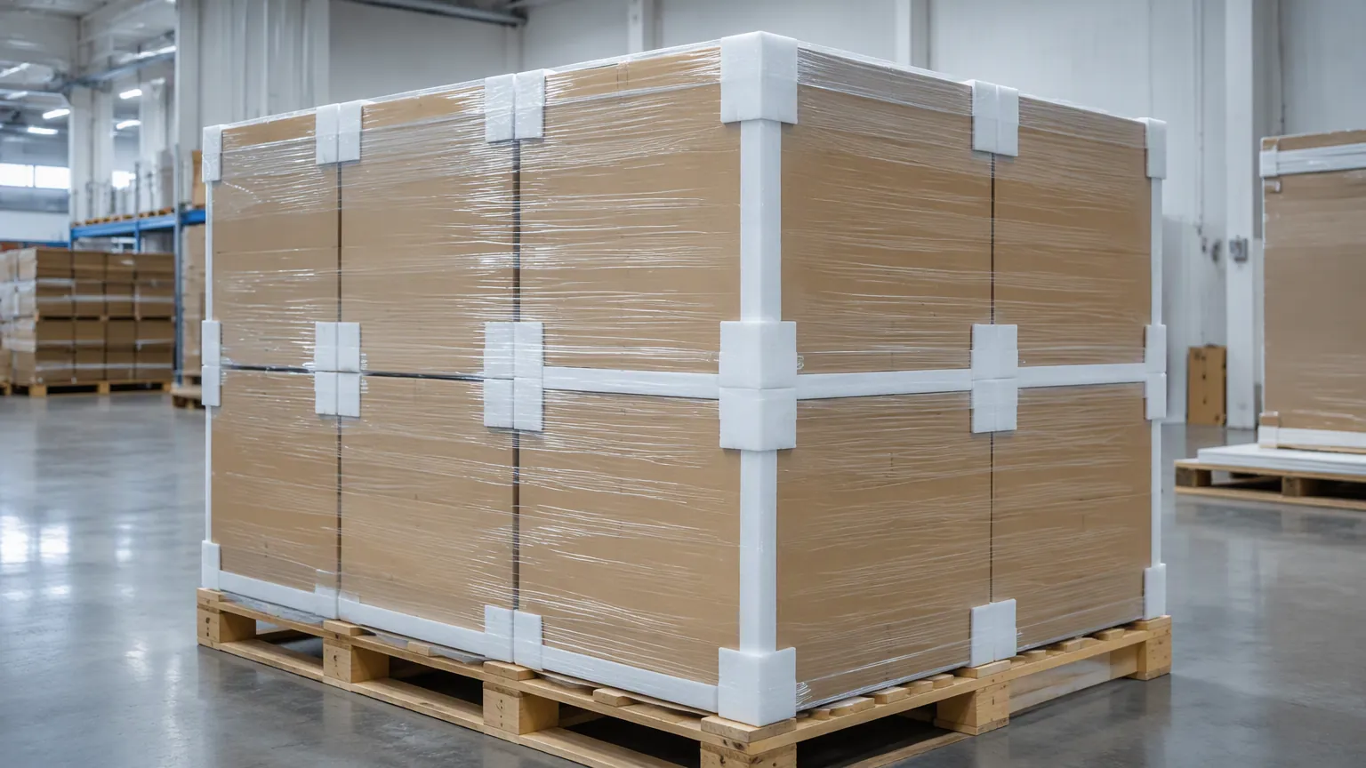 Bathroom vanity export cartons with foam corner protectors stacked and stretch wrapped on a wooden pallet