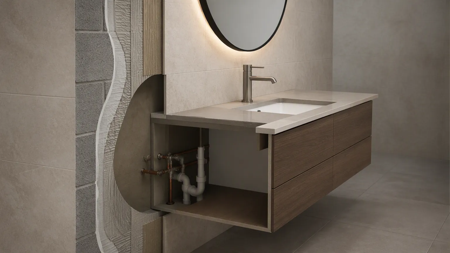 Cutaway wall section of a wall mounted bathroom vanity showing supply valves, waste outlet and the service void