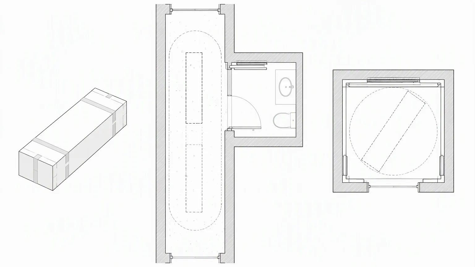 Drawing comparing a bathtub carton against a hotel corridor, a bathroom door opening and a service lift car interior
