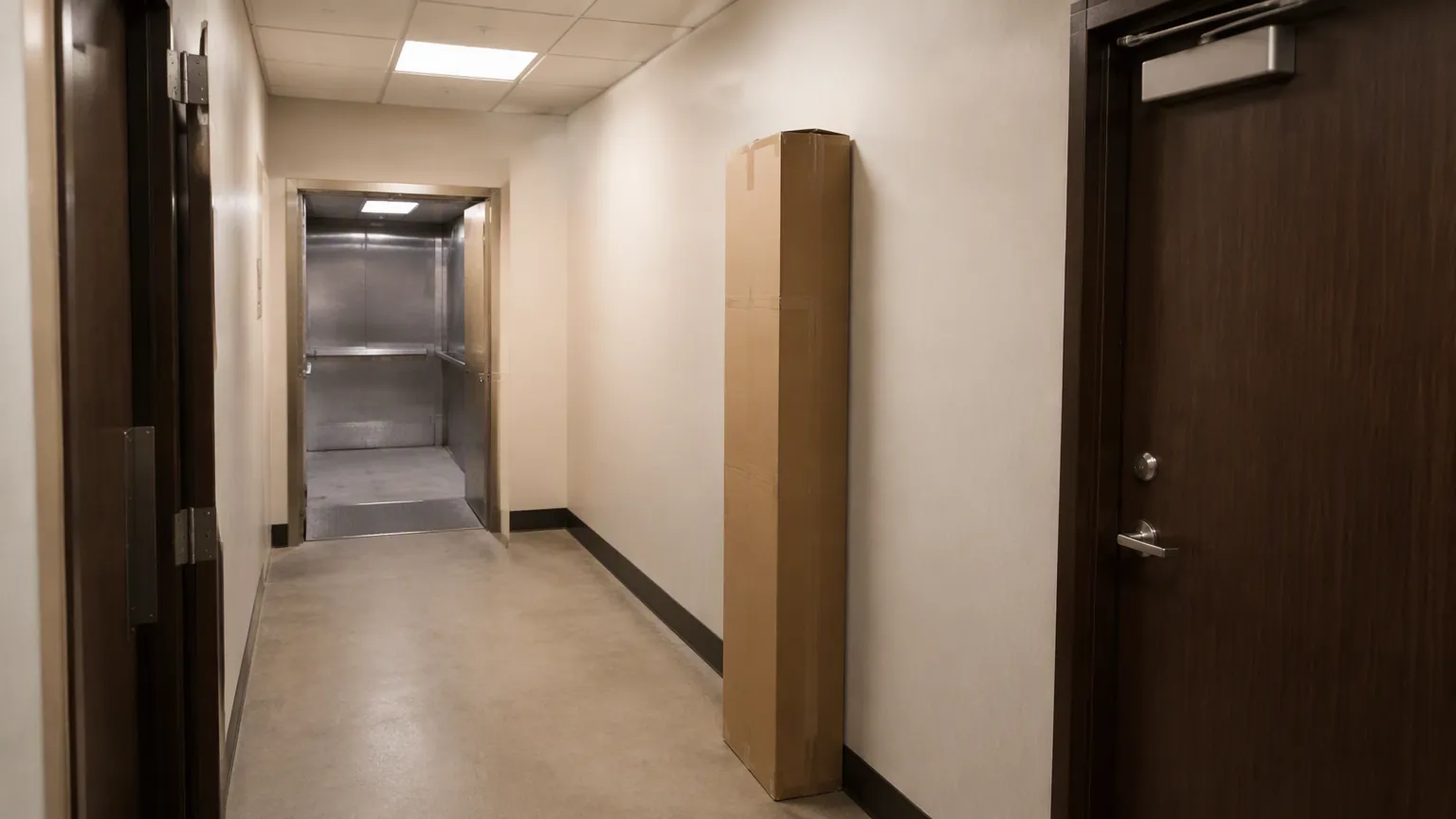 Long boxed bathtub carton standing in a hotel service corridor beside an open goods lift