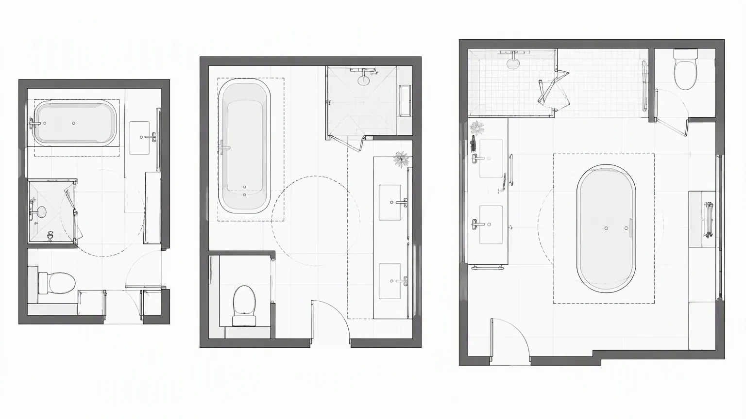Top-down scale drawing comparing three bathtub size bands against typical hotel bathroom plan grids