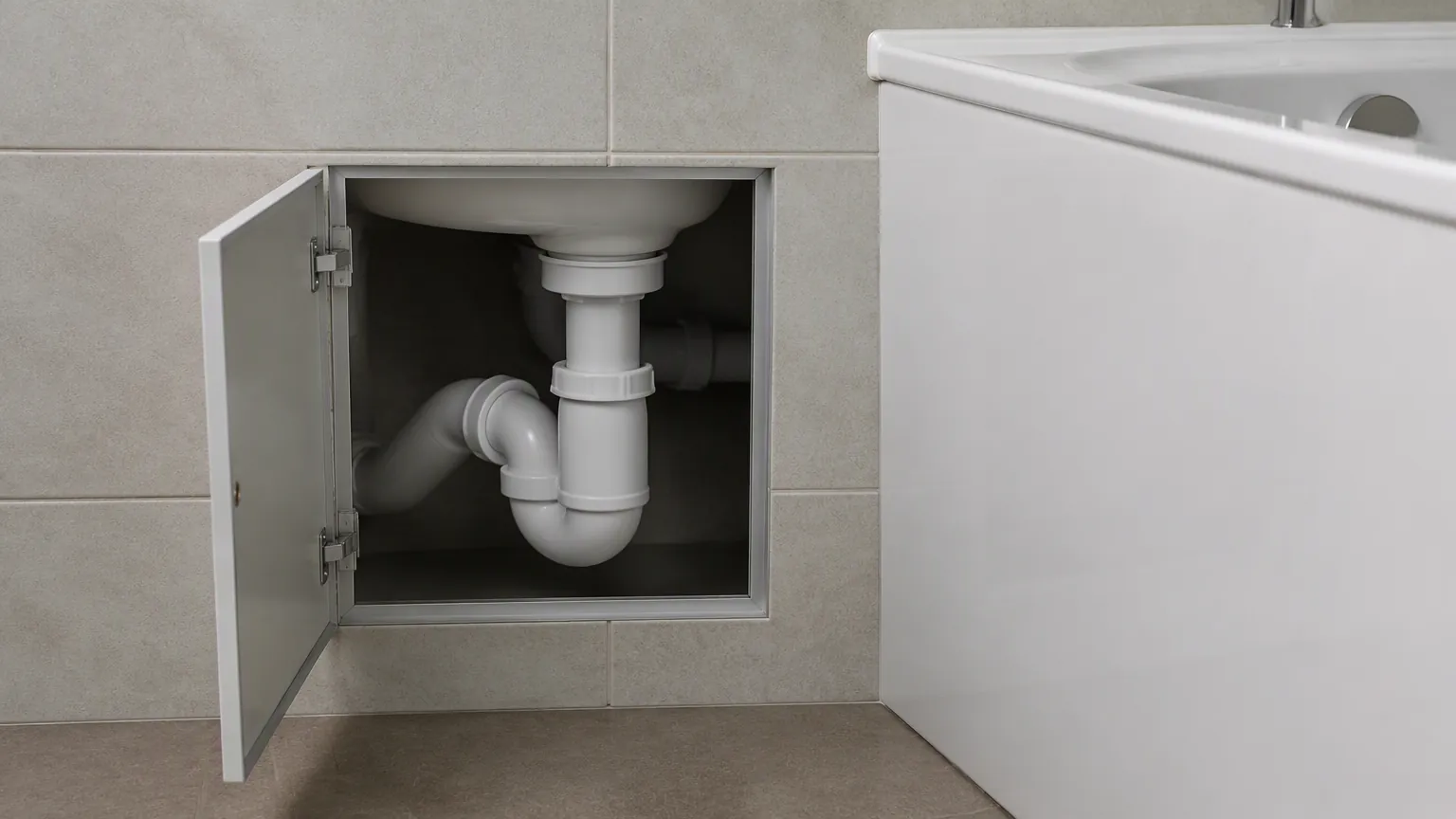 Open wall access panel beside a bathtub waste and trap in a tiled surround