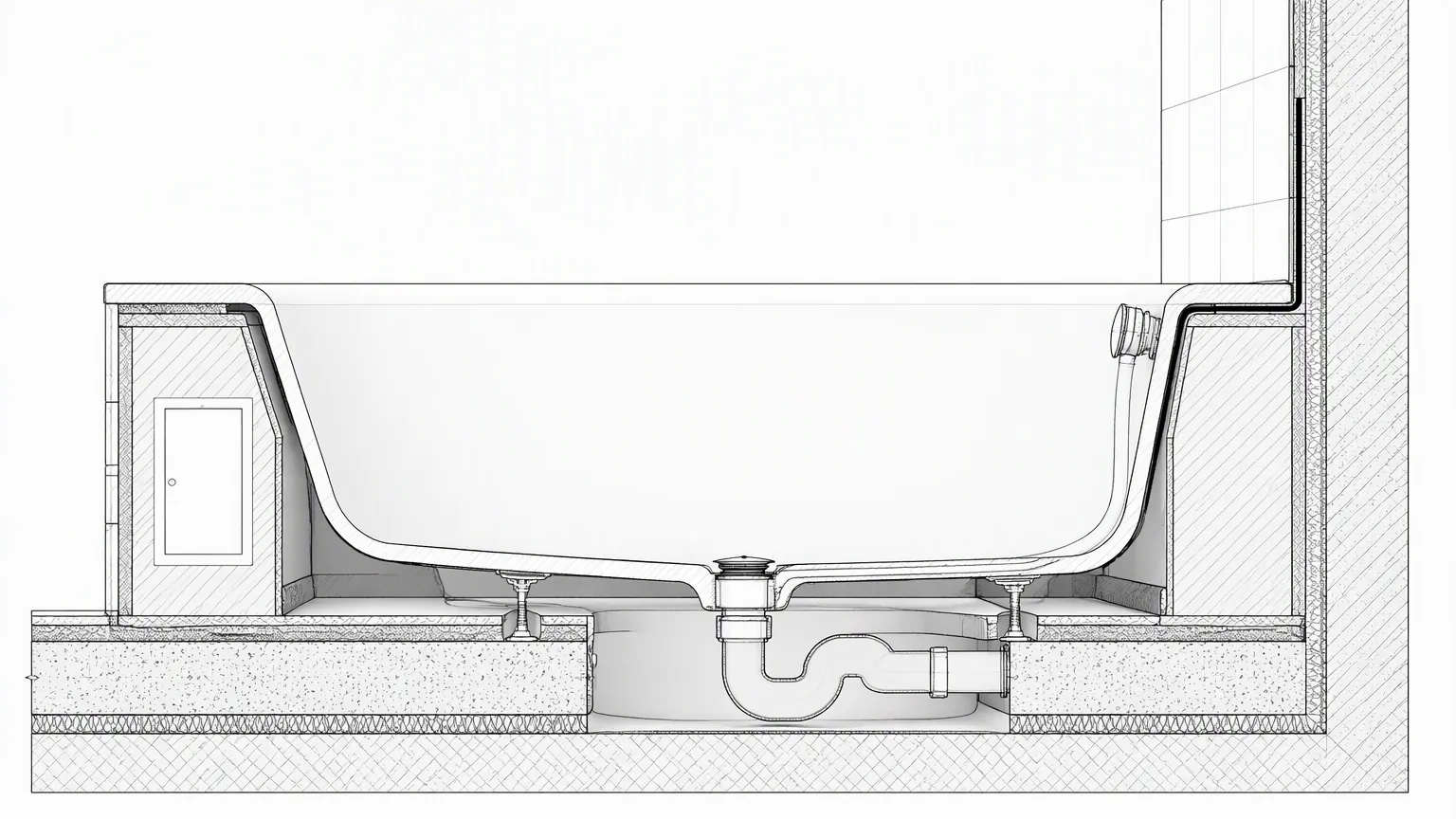 Cross-section detail of a bathtub showing the waste outlet, integrated trap, overflow line, access panel and the wall waterproofing upstand