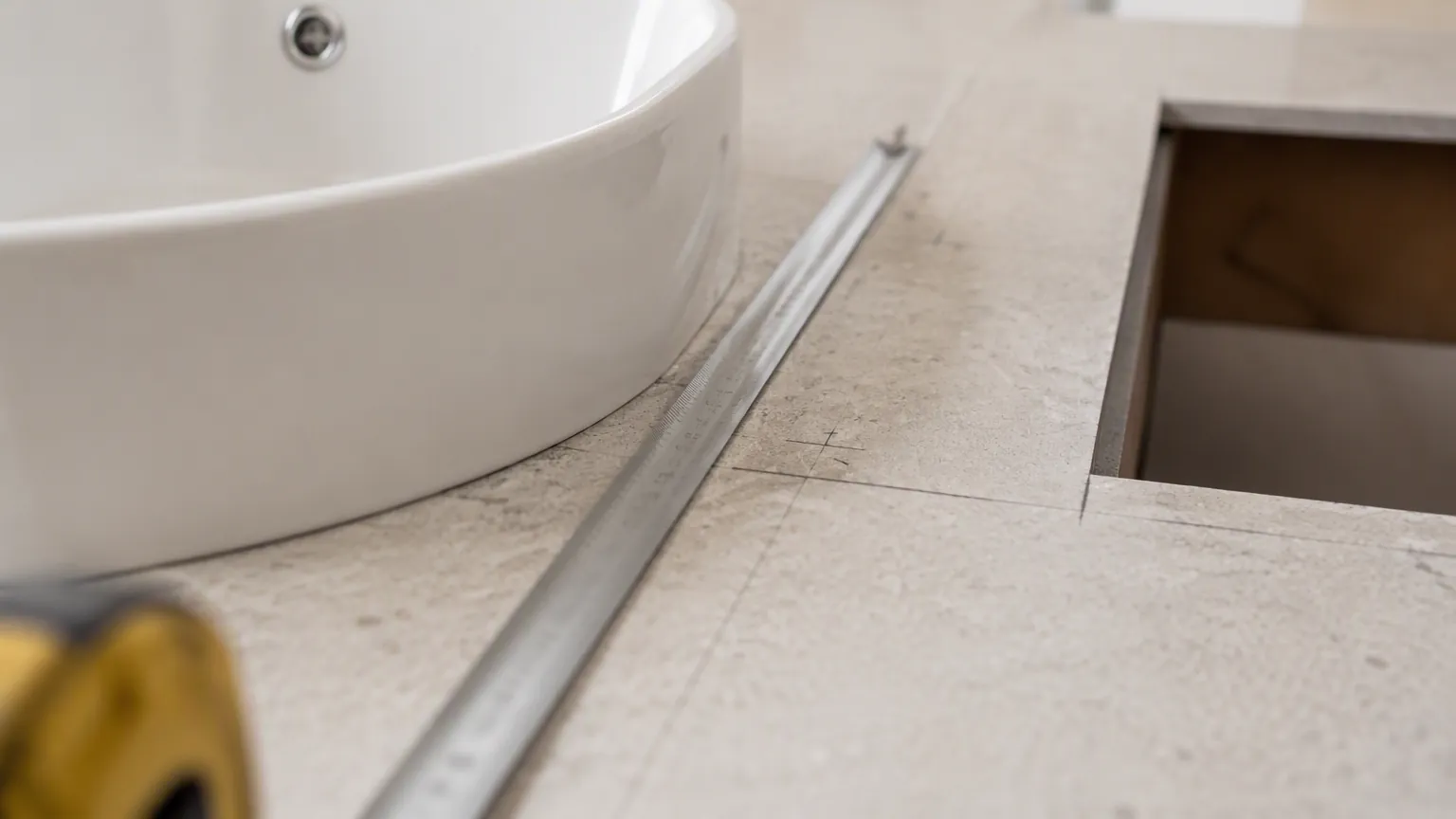 Steel tape measure along the rim of a ceramic countertop basin beside an engineered stone cutout