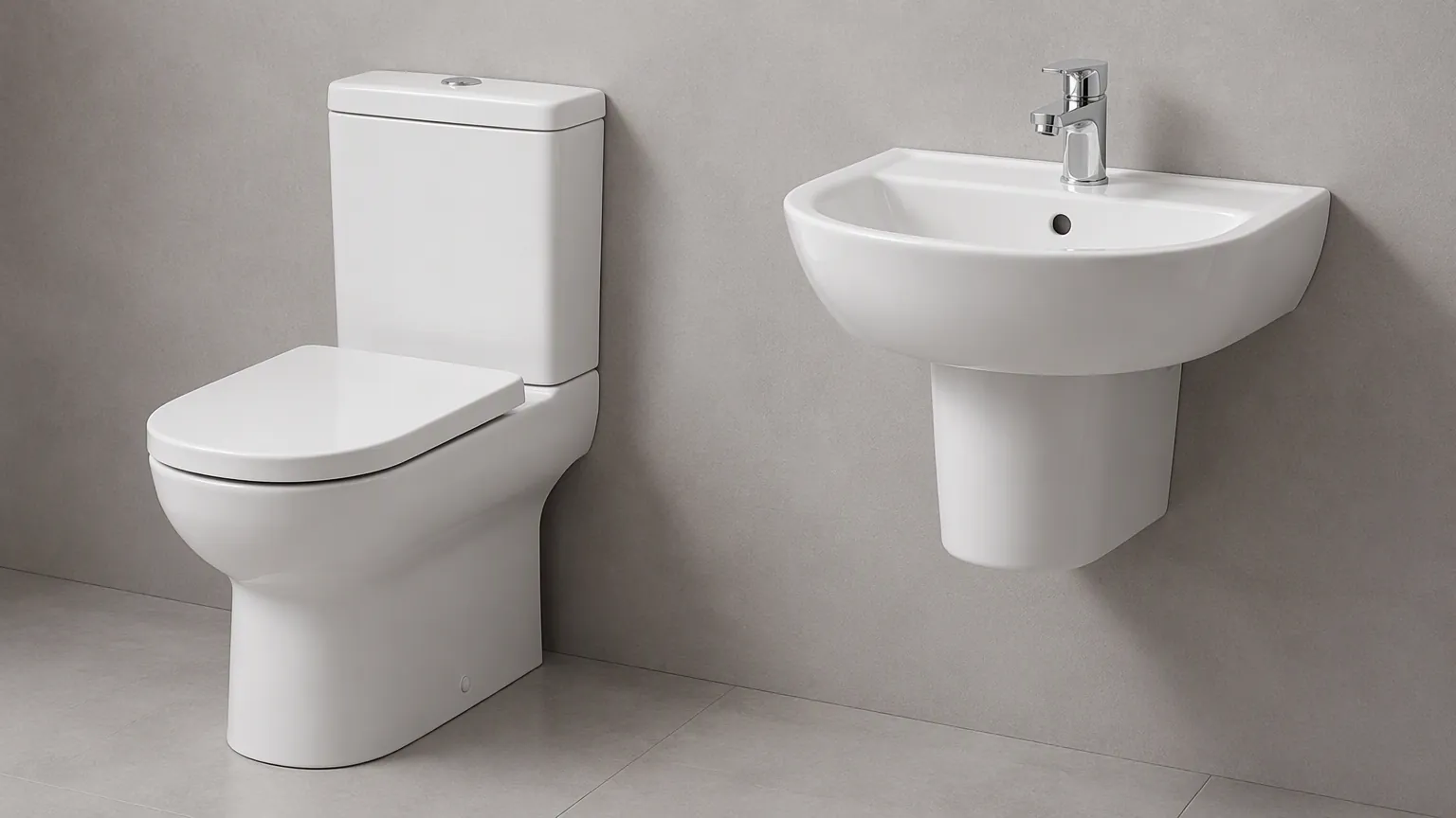 White ceramic close coupled toilet beside a white ceramic wall hung wash basin
