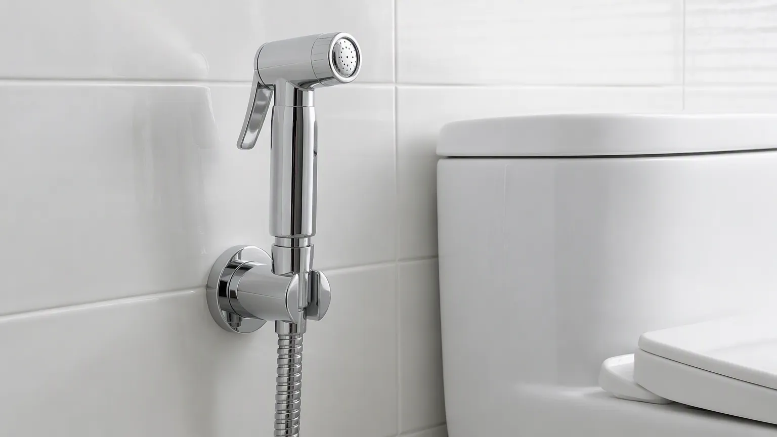 Chrome handheld bidet spray mounted on a tiled wall beside a white ceramic toilet
