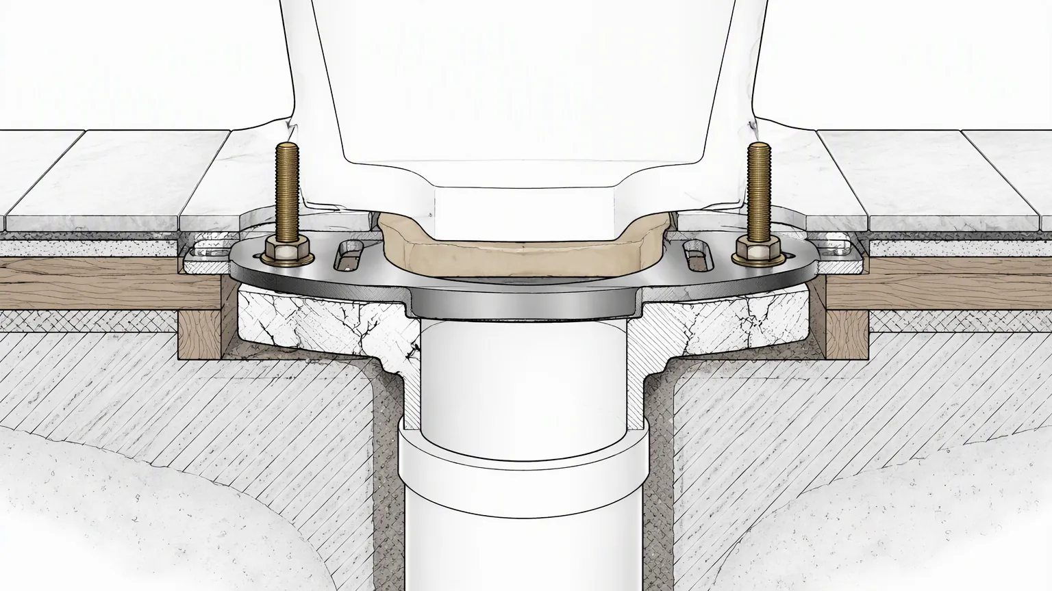 Section drawing at floor level showing a repair ring bolted over a cracked closet flange with a wax ring on the outlet horn and new closet bolts