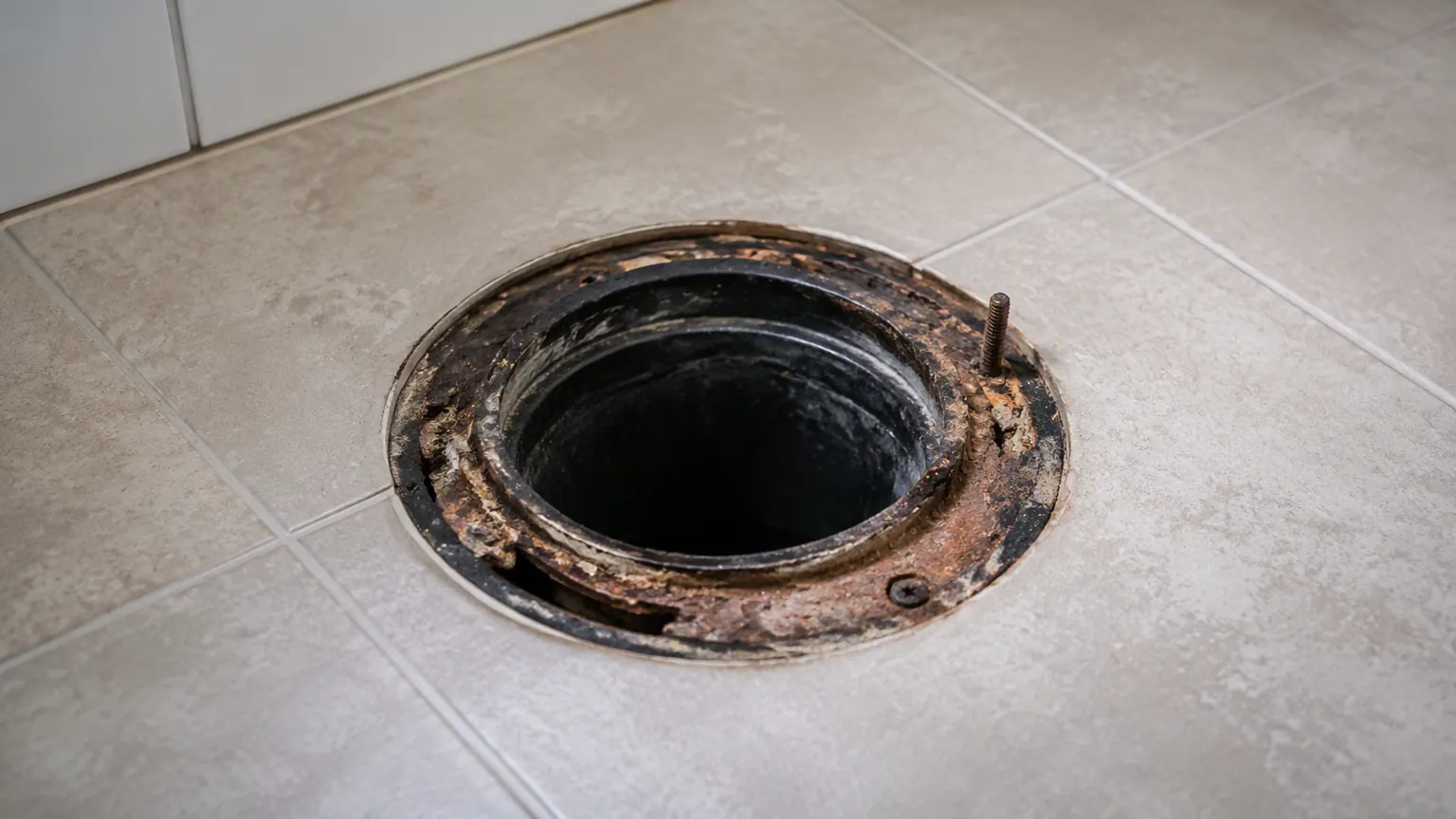 Exposed floor flange and drain opening after removing an old toilet bowl
