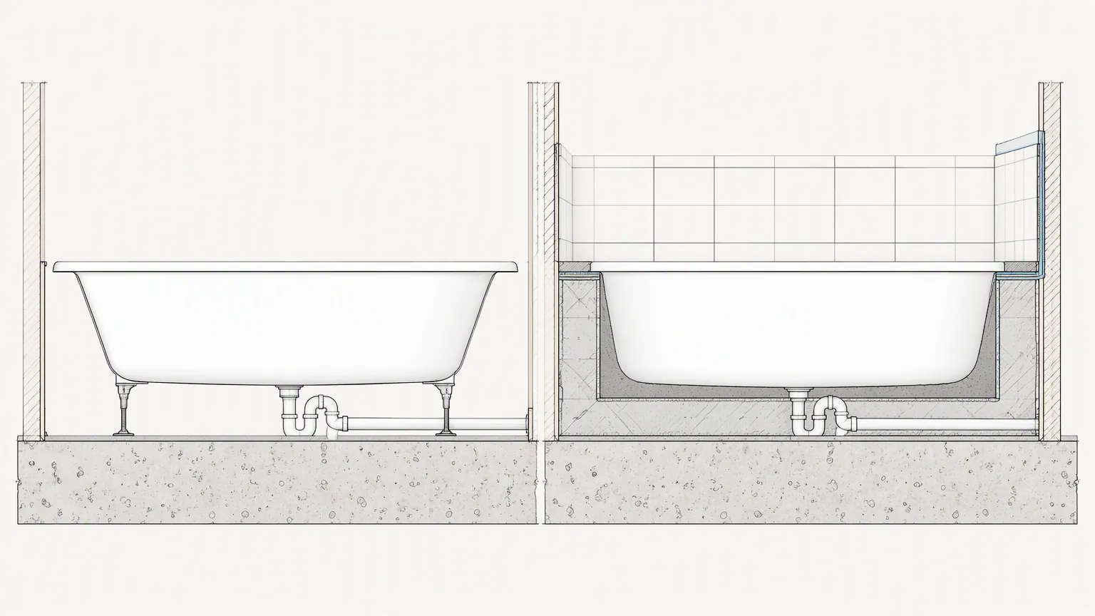 Cutaway comparison of a freestanding bathtub on adjustable feet and a built-in bathtub on a mortar bed with a tiled upstand