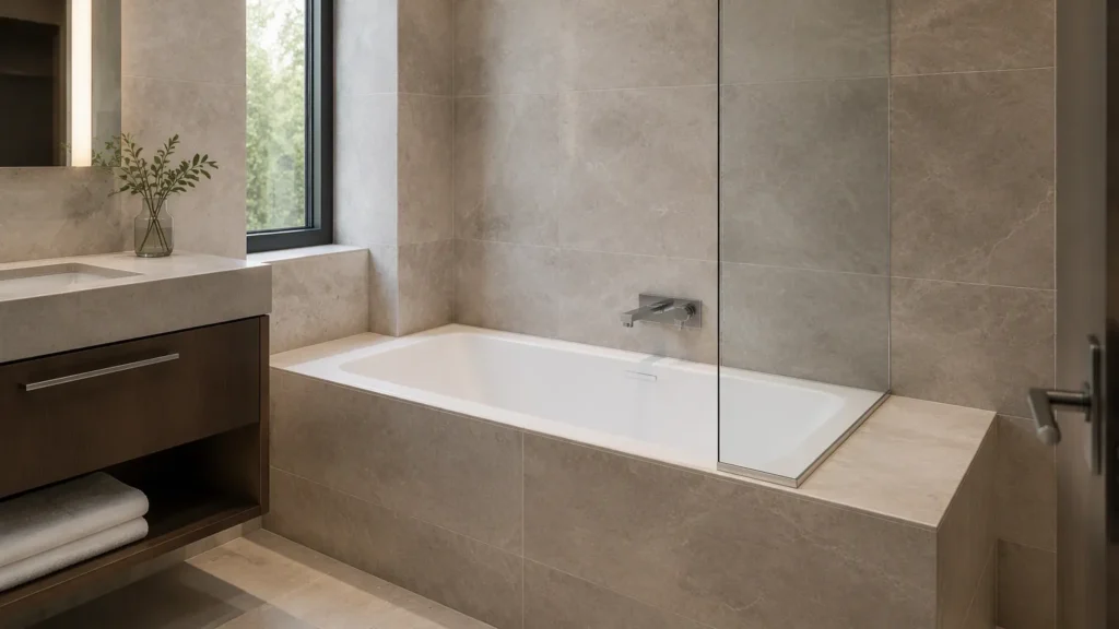 Eingebaute Nischenbadewanne in einem fertiggestellten Hotelbadezimmer mit einer Duschabtrennung aus Glas entlang des Randes und einer an der Wand montierten Armatur