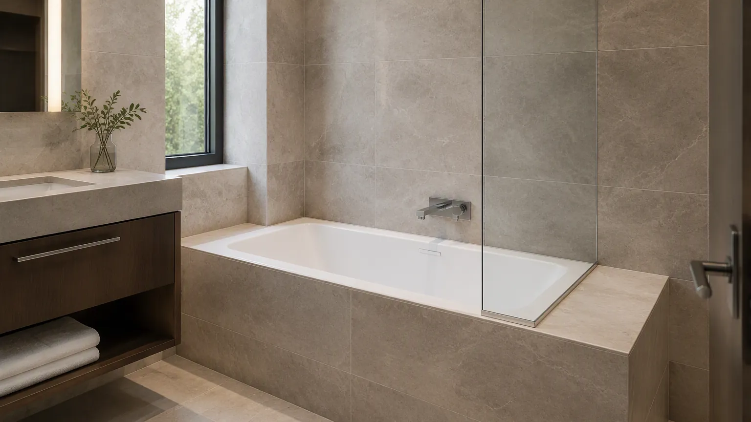 Eingebaute Nischenbadewanne in einem fertiggestellten Hotelbadezimmer mit einer Duschabtrennung aus Glas entlang des Randes und einer an der Wand montierten Armatur