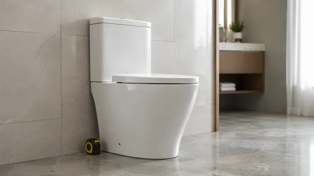 Fertig eingerichtetes Hotelbadezimmer mit einem bodenstehenden WC-Becken vor einer gefliesten Wand und einem Maßband auf dem Boden