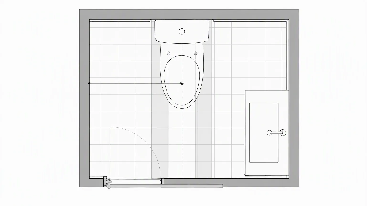 Top-down plan drawing of a toilet showing the rough-in measurement from the finished wall face to the centre of the closet bolts with side clearance bands