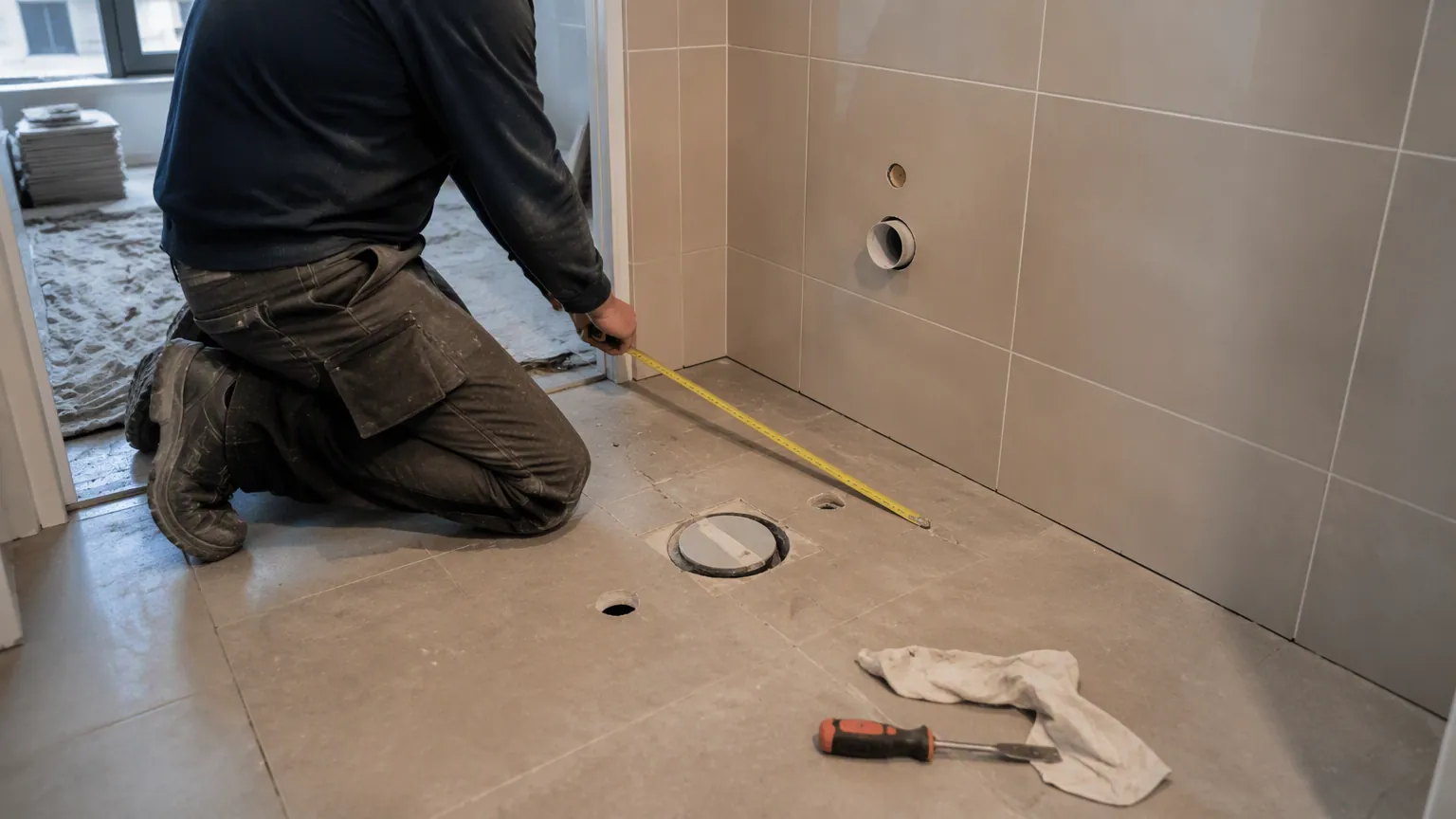 Contractor kneeling beside a removed toilet rough-in and running a tape measure from the tiled finished wall to the closet bolt holes