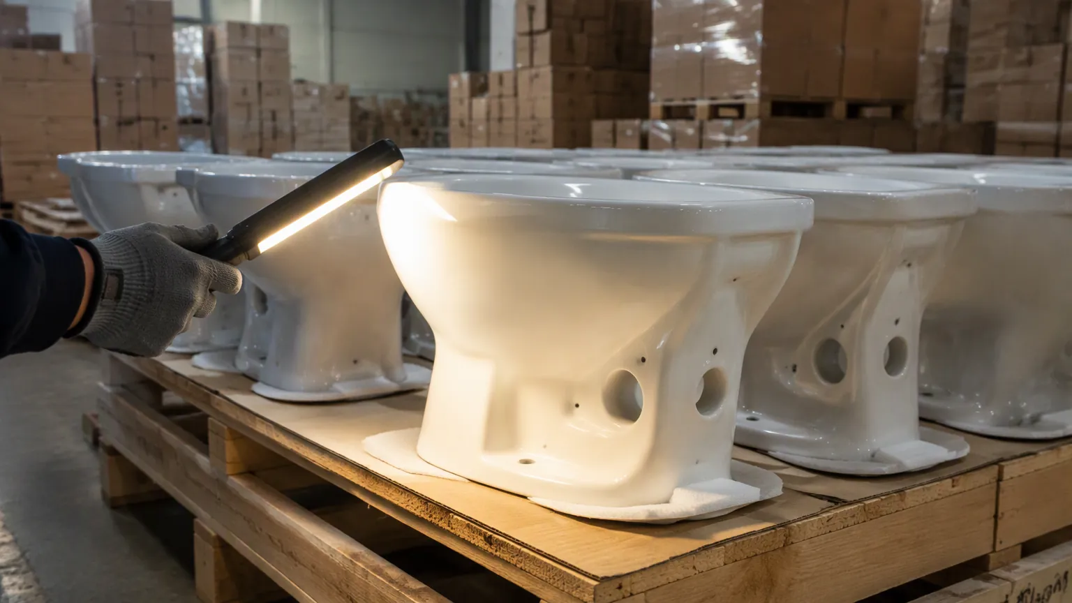 Inspecting the glazed surface of white ceramic sanitary ware with a low angle work light