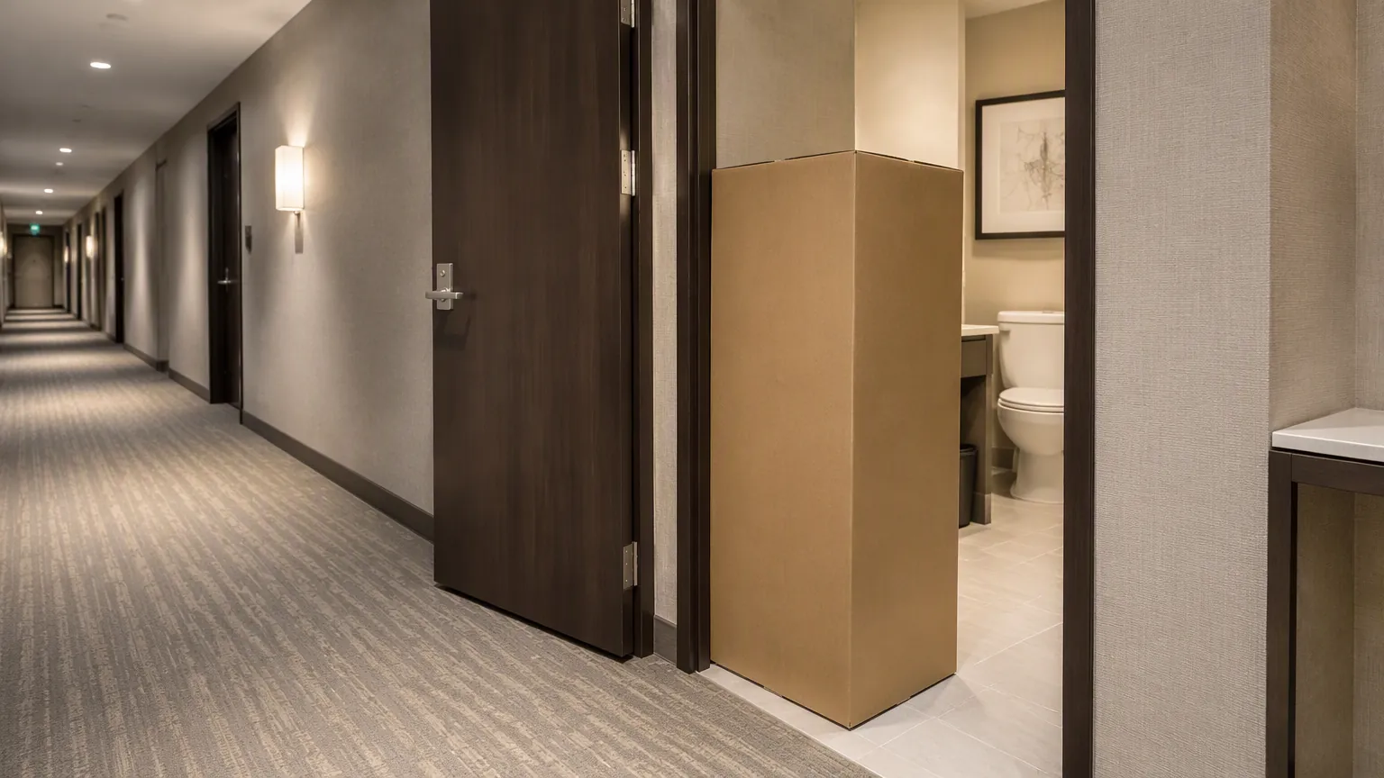 Tall plain toilet carton being carried through an open hotel doorway with the door leaf swung flat back