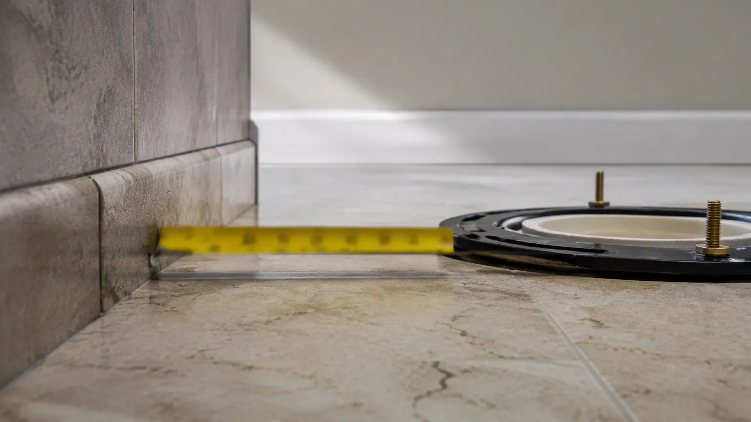 Tape measure running from the tiled wall face to the centre of the floor waste flange bolts at a toilet base