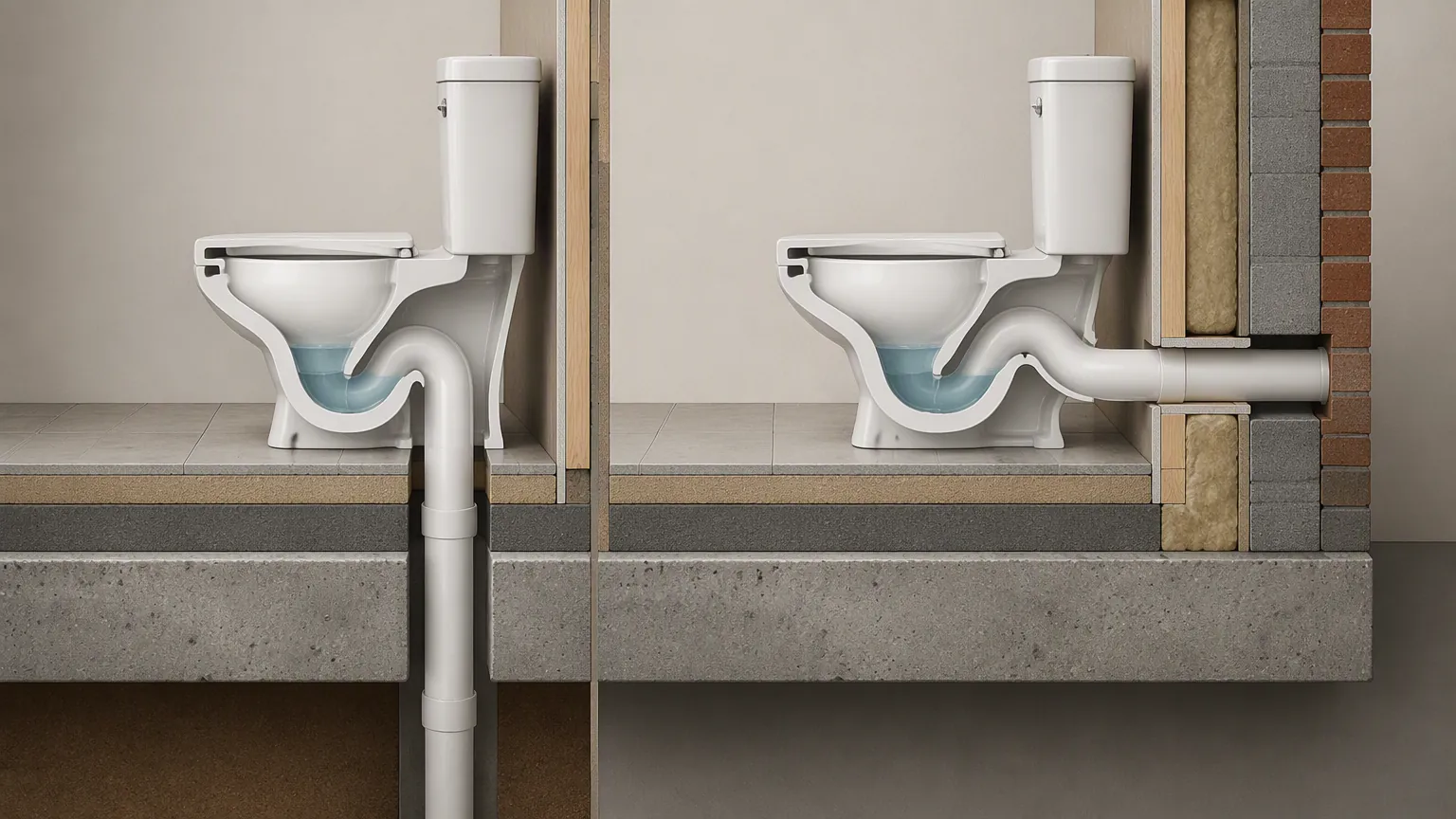Side by side section comparing an S-trap toilet dropping through the floor and a P-trap leaving through the wall