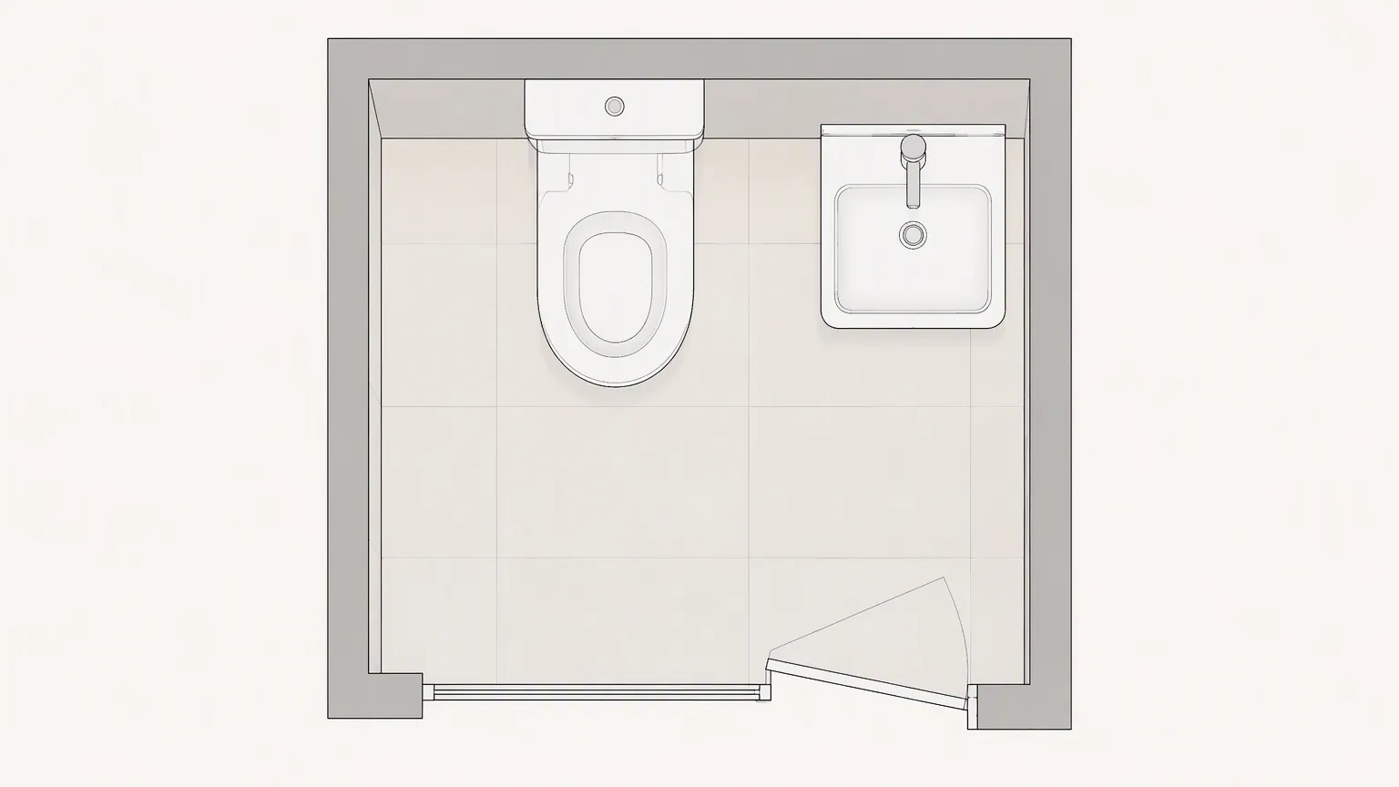 Top down plan drawing of a toilet on the drain centreline with side clearance bands and a basin to scale